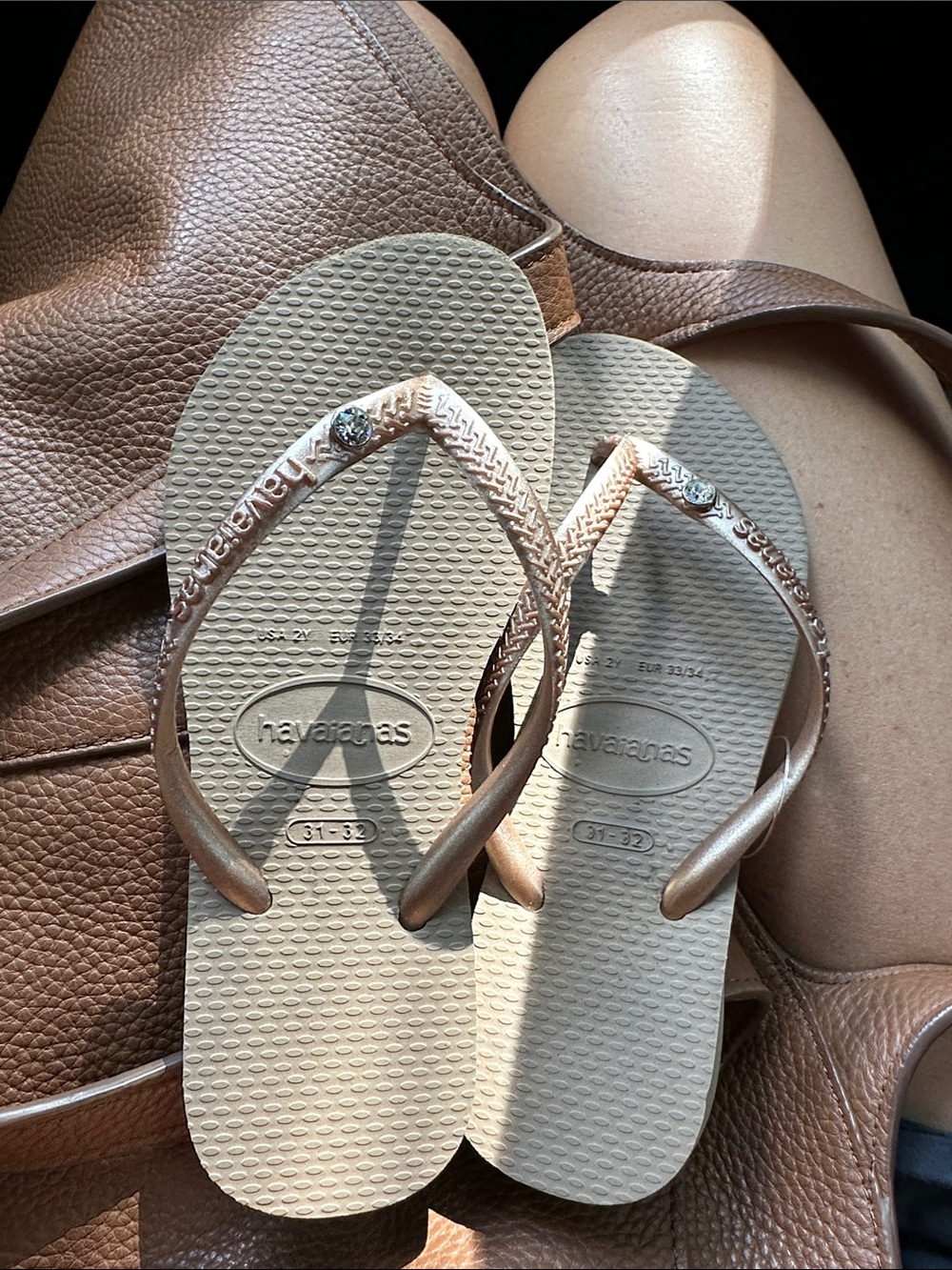 Havaianas Girls Tan Flip Flops with Rose Gold Straps